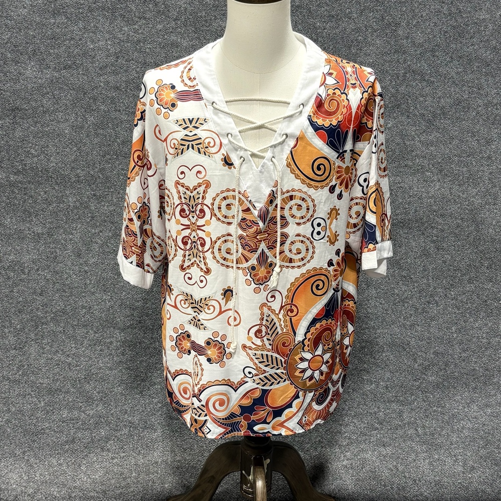 Shirt Mens Large Multicolor Paisley Lace Up V Neck Short Sleeve Top Bohemian